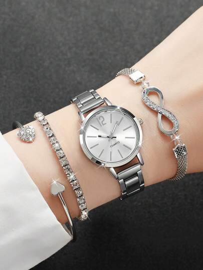 4 件/套女士时尚休闲石英腕表，带数字刻度表盘和钢表带 + 手链