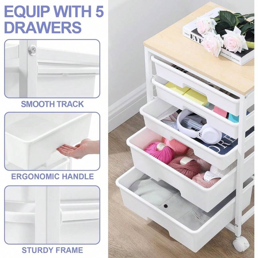Utility Cart With 5 Drawers,Storage Drawer Cart With Wooden Tabletop