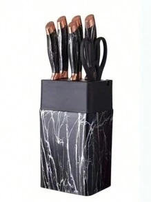 7件/套，刀具套装，五把多功能厨师刀，一把剪刀，带底座，不锈钢，大理石花纹，简约奢华风格，白色、棕色、银色、金色四种颜色，适用于家庭厨房