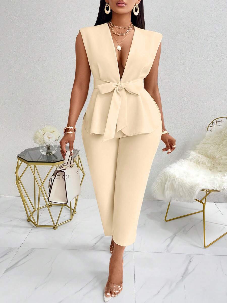 Plus Size Summer Business Solid Color Vest & Pants Suit - Apricot - View 1