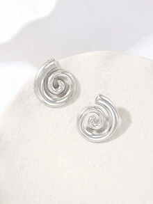 1pair Fashionable Vintage Metal Spiral Design Stud Earrings For Women, Suitable For Beach Party - Simple Style - View 6