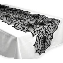 Halloween Dekoration Set: Tischdecke, Tischläufer, schwarze Spitze, rund, Spinnennetz-Motiv, Kaminschal, Lampenschirm für Halloween Party, Heimdekoration, Party Zubehör
