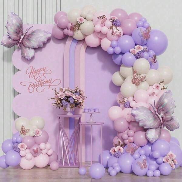 117 peças/Conjunto Kit de Guirlanda de Balões de Arco de Borboleta Ombré Roxo com Balões Brancos, Boêmios e Coloridos e Balão de Folha Grande de Borboleta Roxa, Decoração de Balões para Festa de Aniversário, Chá de Bebê e Natal com Tema de Borboleta
