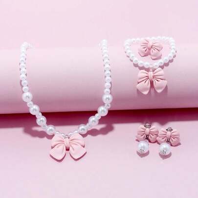 5pcs/Set Girls Cute Bow Pendant Necklace Bracelet Earrings Ring Jewelry Set, Charming Beaded Children's Jewelry, Suitable For Girls Birthday Party Gift