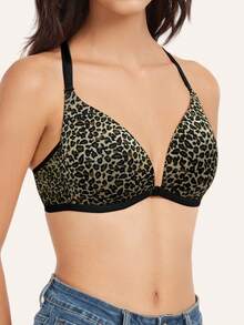 女士豹纹性感聚拢前扣文胸 - 不可拆卸衬垫，可调节肩带，舒适透气蕾丝露背内衣