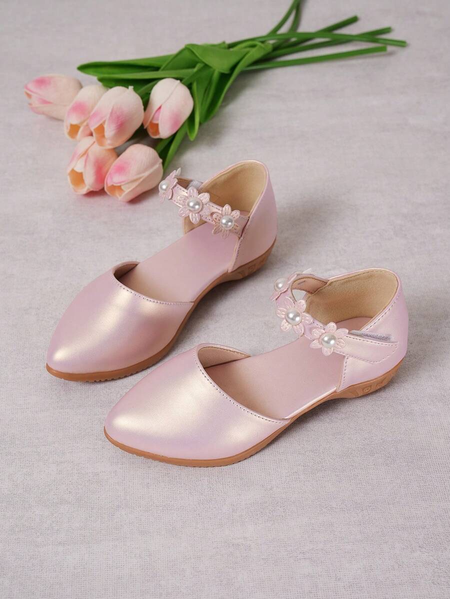 Zapatos de vestir de tacón alto de suela blanda decorados con flores, zapatos de moda para actuaciones para niñas pequeñas y niños - Rosa - Ver 1