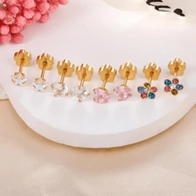4 Pairs Hypoallergenic Flat Back Earring Set - 14K Gold Plated Cartilage Earrings For Sensitive Skin, Stud Earrings With Star, Moonstone, Opal, Screw Back Design, Pink/Silver/AB Color For Men, Women, Girls