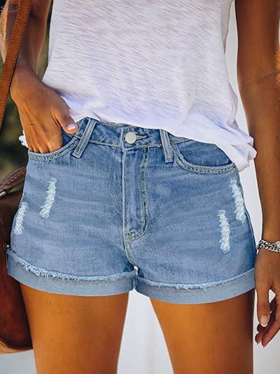 Front Button Distressed Vintage Washed Denim Shorts With Multi Pockets, Casual Daily Wear, Spring/Summer - Blue - View 1