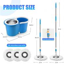 Spin Mop Bucket 360° With Wringer Set, Mop And Bucket Set,  Stainless Steel Mop System, 3 Absorbent Microfiber Mop Head Eefills, For Household Kitchen Floor Cleaning - Màu xanh lam - Xem 3