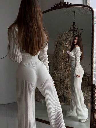Stylish Knit Sheer Solid Color White Hollow Top And High Waist Pants 2-Piece Work Suit