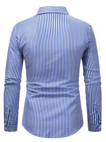 Men's Long Sleeve Striped Button-Up Shirt, Fall - Blue - View 2