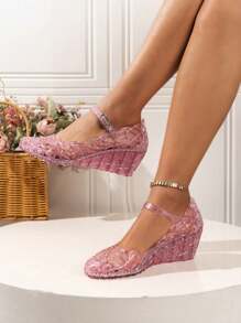 女士时尚水晶镂空夏季沙滩旅行凉鞋，蓝色封闭式粗跟防滑塑料拖鞋 - 粉色 - 查看 5