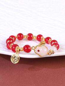 1pc Cute Jade Rabbit Bracelet For Women, Chinese Style Beaded Lucky Charm Bracelet - Red - View 5