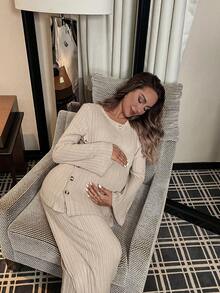 Maternity Button Detail Trumpet Sleeve Tee & Pants - Apricot - View 6