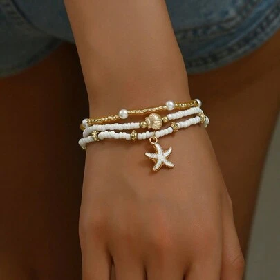 Bộ 3 chiếc/Bộ trang sức vòng tay vỏ sao biển hạt trắng đơn giản & ngọc trai giả, phù hợp cho trang phục hàng ngày của phụ nữ và du lịch giải trí