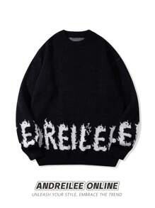 ANDREILEEANDREILEE Men's Thick Knit Pullover Sweater, Street Style American English Graphic Intarsia, Loose Fit Casual Crew Neck, Suitable For Spring, Autumn, Winter - Black - View 1