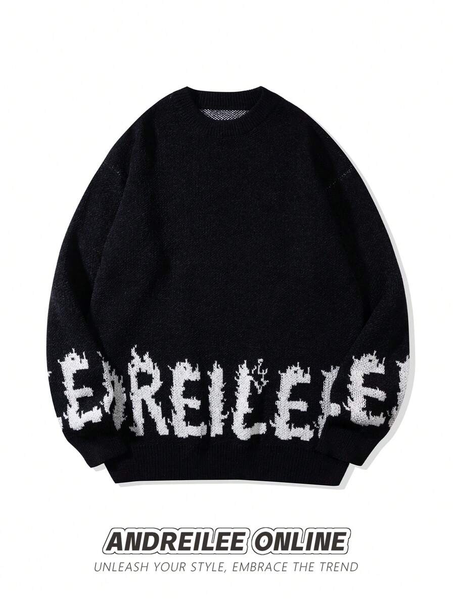 ANDREILEEANDREILEE Men's Thick Knit Pullover Sweater, Street Style American English Graphic Intarsia, Loose Fit Casual Crew Neck, Suitable For Spring, Autumn, Winter - Black - View 1