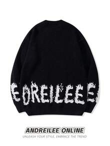ANDREILEEANDREILEE Men's Thick Knit Pullover Sweater, Street Style American English Graphic Intarsia, Loose Fit Casual Crew Neck, Suitable For Spring, Autumn, Winter - Black - View 2