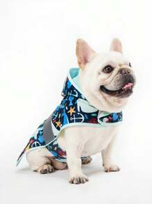 1Pc Blue Shark Print Pet Raincoat Can Be Worn On Both Sides With Reflective Strip Going Out Suitable For Small And Medium-Sized Cats And Dogs - Blue - View 9