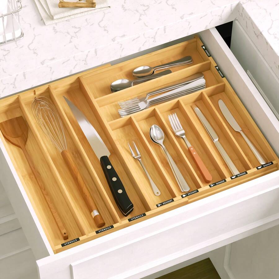 Bamboo Cutlery Drawer Organizer With Labels, Kitchen Utensil Expandable Tray Holder Organizer For Flatware, Knives, And Spoons Drawer Storage Organization (Natural, 10 Slots) - Natural - View 1