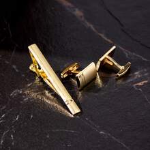 一套镀金/镀银极简设计袖扣和领带夹，男士商务配饰 - 金黃色 - 查看 8