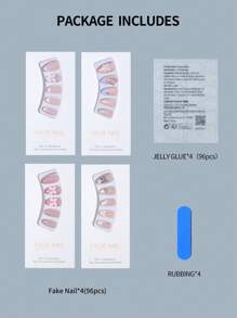 96 Stück (4 Stile) Mandel-Französisch-Spitzen-Aufklebe-Nägel, mittel, 3D-Schleifen mit Perlen perfekt passend, Acryl-Fake-Nägel-Set, enthält 4 Stück Gelee-Kleber und 4 Stück Nagelfeile, Sommer-Nägel für Frauen und Mädchen, zum täglichen Gebrauch, Studium und Partys, Nagelbedarf