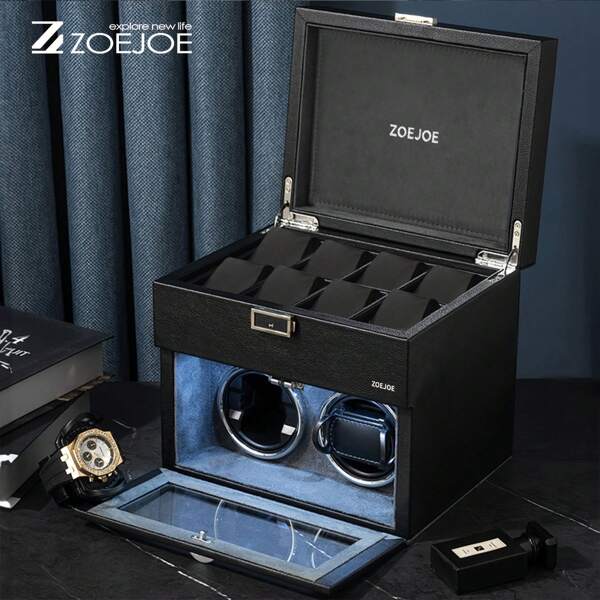 2+8 Watch Winder For Automatic Watches, Watch Storage Box Fit Men's And Women's Watches, Vertical Winding Case With AC Adapter Power Supply