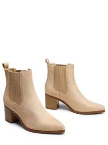 Women's Retro Elastic Chelsea Ankle Boots Fashion Low Chunky Block Heel Pointed Toe Fall Heeled Booties Shoes - 米色 - 查看 5