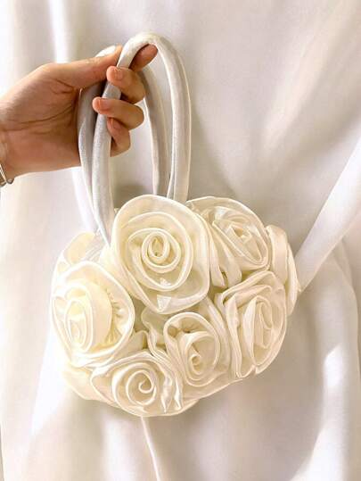 Stylish And Elegant Ladies' Evening Clutch And Handbag, Floral Motif. Featuring A Pleated Design, 3D Floral Decorations, Solid Color, And Sparkling Details. Suitable For Weddings, Parties, Birthdays, Galas, Holidays, Dinners, And Special Occasions; An Ideal Gift For Mothers. Valentines