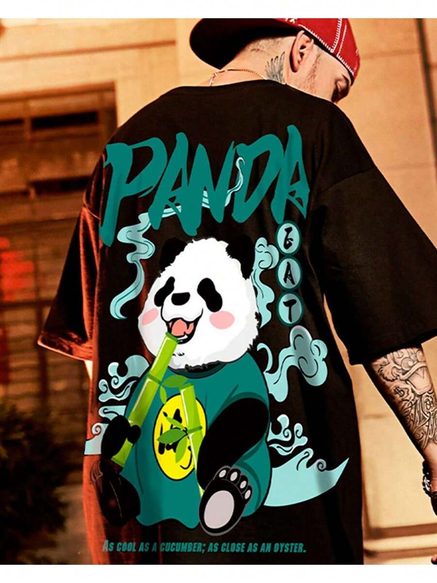 PANDA ALEGRE Basic Men's Cotton Streetwear T-Shirt - 黑色 - 查看 1