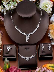 DV JEWELRY 5 件套弹力方晶锆石镀铂金奢华项链、手链、耳环、开口戒指首饰套装，适合女士，优雅新娘婚礼派对周年纪念礼物，带礼盒