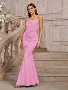 PARTHEA Ruffle Mermaid Hem Spaghetti Strap Formal Dress - Pink - View 7