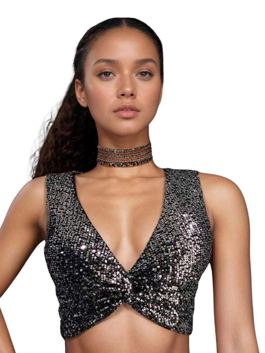 Women's Sequin Cropped Knot V-Neck Shiny Evening Party Elegant Shiny Blouse Luco Gringa Paty Boiadeira Blogueira - 銀色 - 查看 1