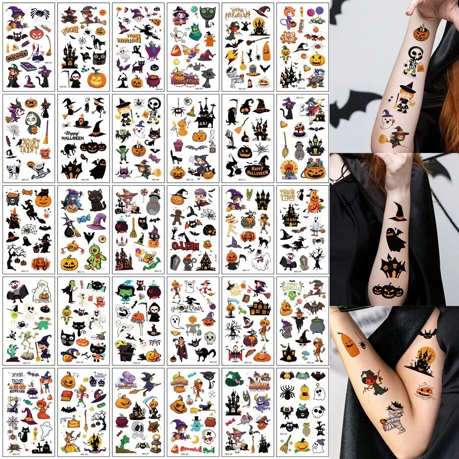 30 de autocolante de tatuaje de Halloween, cu peste 500 de modele de elemente de dovleac cu desene animate, fantomă, zombie, liliac, păianjen, vrăjitoare, pisică, tatuaje temporare, autocolante de tatuaje false pentru petrecere de Halloween, impermeabile, cu o durată de 2-5 zile - Multicolor - Vizualizare 1