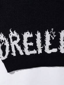 ANDREILEEANDREILEE Men's Thick Knit Pullover Sweater, Street Style American English Graphic Intarsia, Loose Fit Casual Crew Neck, Suitable For Spring, Autumn, Winter - Black - View 4