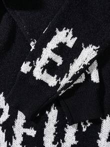ANDREILEEANDREILEE Men's Thick Knit Pullover Sweater, Street Style American English Graphic Intarsia, Loose Fit Casual Crew Neck, Suitable For Spring, Autumn, Winter - Black - View 5