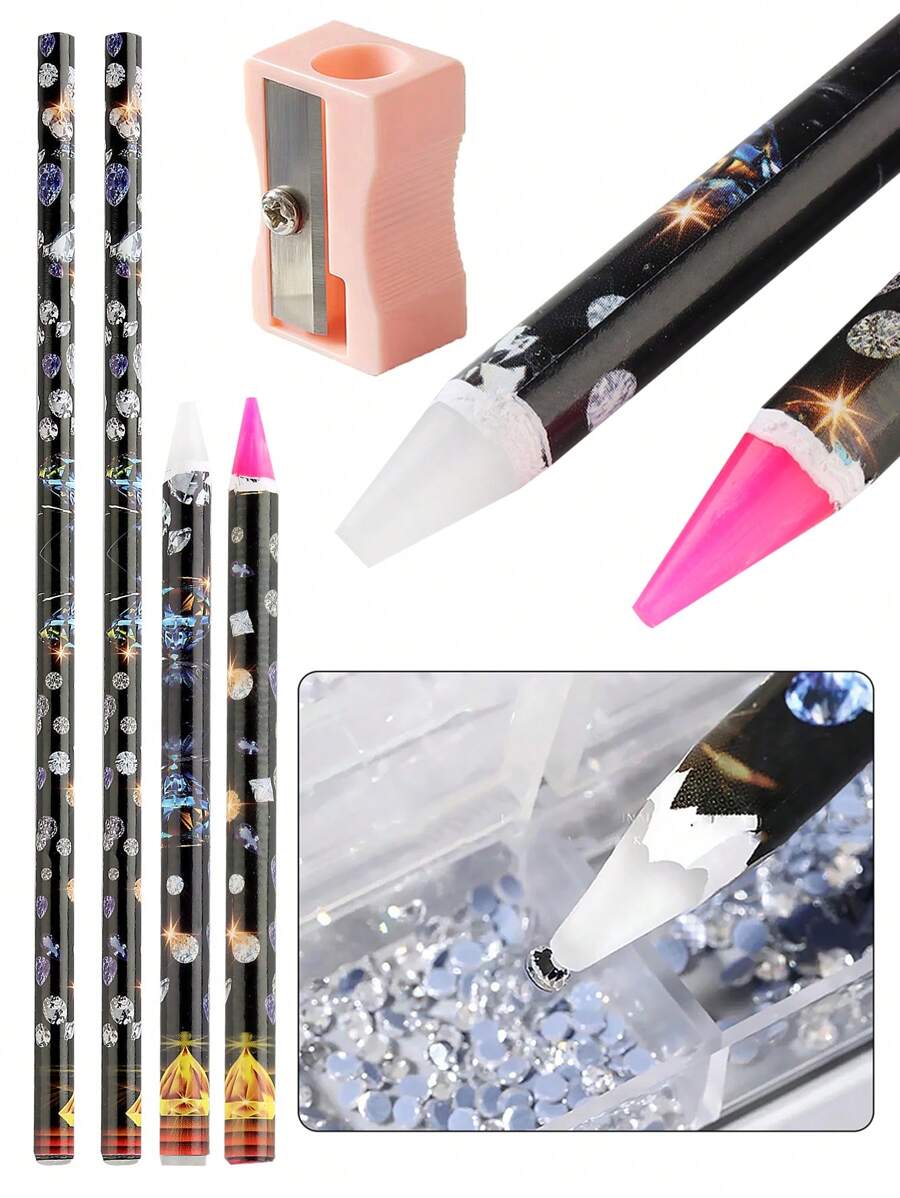 蜡笔点蜡笔 2 色铅笔美甲自粘式水钻宝石钻孔挑选器尖头美甲工具带 1 个铅笔刀 - 彩色 - 查看 1