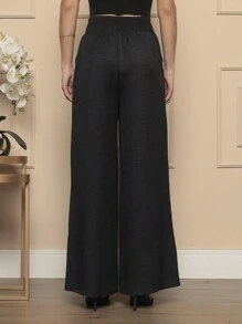 Women's Wide Leg Pants Elastic/Elegant/Crep Fabric/High Waist/Bell Bottoms/With Pockets On The Sides/Premiun/Wide Leg/Chic/Very Good For Body Modification/ Summer Winter/Christmas Collection / Casual / Stylish / Women's / Christmas Look / Lightweight/ Comfortable/ 2024 Collection/Build Your Look With Us, A Look For Every Modern Woman New Collection - 黑色 - 查看 3