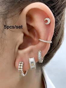 5 Pcs Exquisite 24K Gold Plated Cubic Zirconia Fashion Moon Stud Earrings For Women Zirconia Hoop Earrings Set - Style - View 10