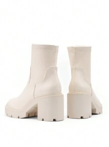 Women's Chelsea Platform Boots Elastic Chunky Heel Lug Sole Ankle Booties Shoes - 白色-PU - 查看 4