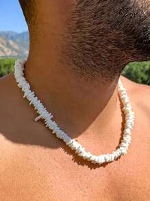 1 件夏日海滩贝壳串珠男士项链，海洋风格颈饰礼物，适合男女圣诞节新年情人节节日礼物 - 白色 - 查看 1