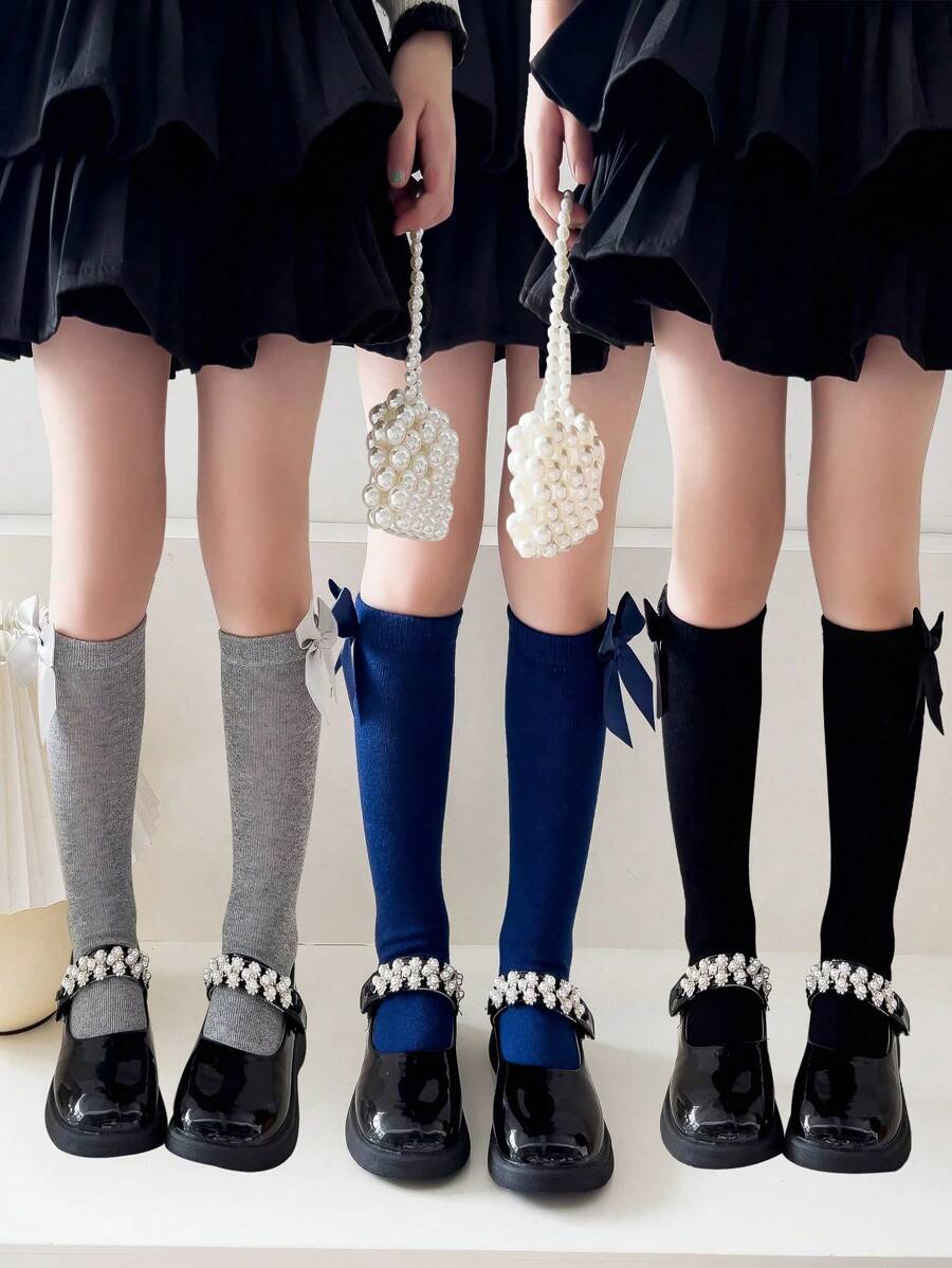 Lot De 4 Paires Chaussettes Hautes Avec Nœud Pour Filles – Pour Uniforme Scolaire, Genou, Couleurs Classiques - 6