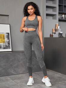 Women Yoga Basic Seamless High Stretch Sports Bra With Leggings Workout Set, Gym Clothes - Dark Grey - View 5
