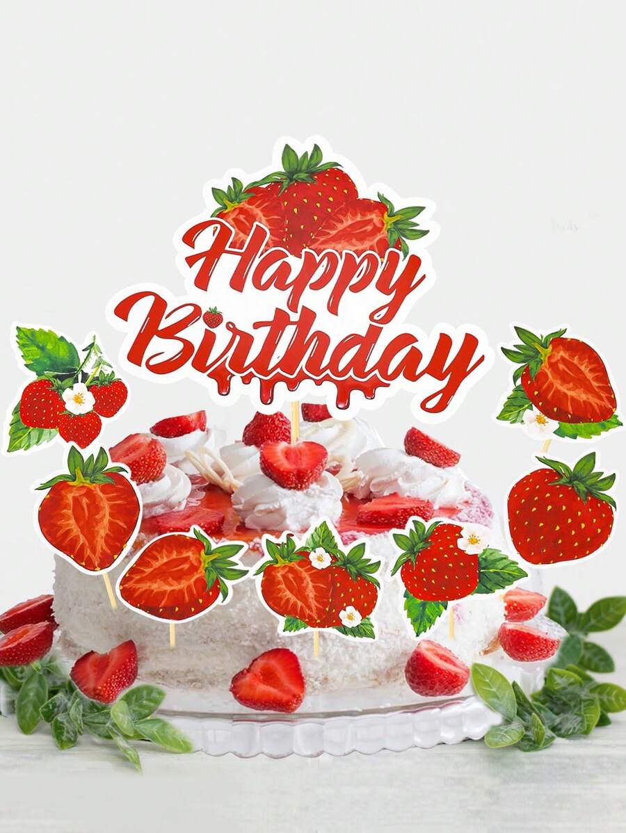 8 件草莓生日快乐蛋糕装饰草莓派对装饰品浆果生日快乐蛋糕挑选草莓生日派对蛋糕装饰品 - 彩色 - 查看 1
