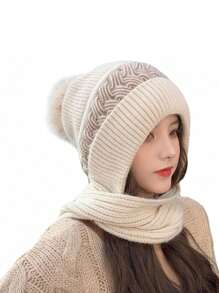 新款冬季针织拉法帽，女士保暖内衬连帽围巾一体式帽子，防风防雪滑雪面罩，时尚耳罩帽