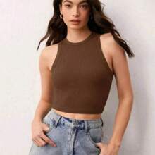 Ribana Cropped Tank Top Ribana Cropped Round Neck Sleeveless Basic T-Shirt - Rỉ Nâu - Xem 1