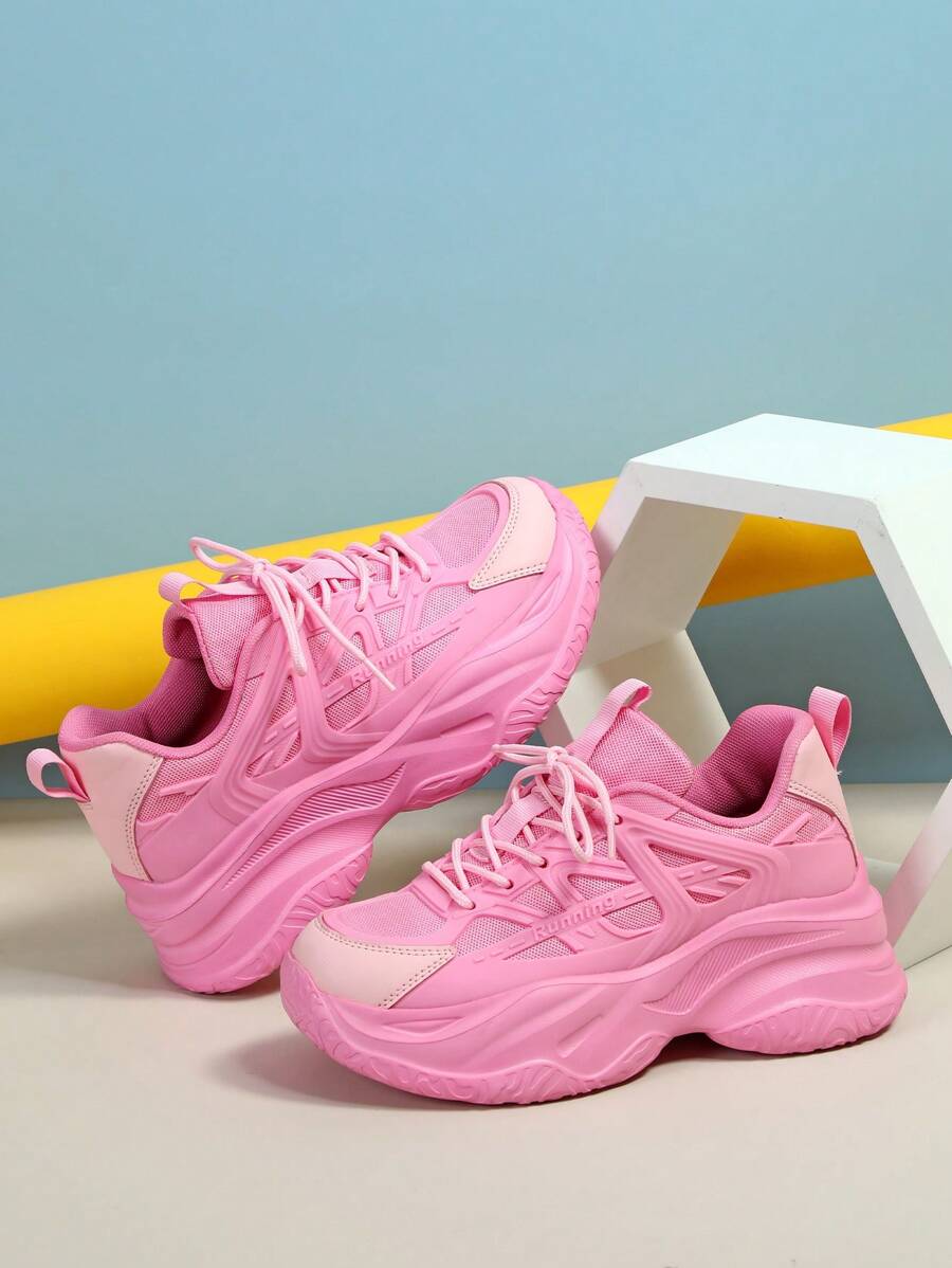 Hellrosa Leder & KPU Mesh atmungsaktive modische kreative Party & Lässig Sneaker, Neujahrsspezial Low-Top stoßabsorbierende Chunky Sneaker - Babypink - Übersicht 1