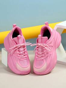 Hellrosa Leder & KPU Mesh atmungsaktive modische kreative Party & Lässig Sneaker, Neujahrsspezial Low-Top stoßabsorbierende Chunky Sneaker - Babypink - Übersicht 2