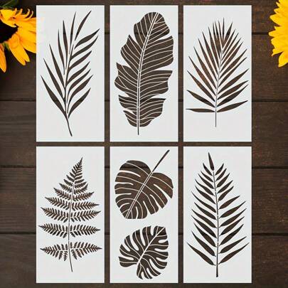 6packs Large Reusable Tropical Leaf Stencil Palm Fern Leaf Hawaiian Jungle Plants Leaves Wall Painting Stencil For DIY Decorate Home Bag T-Shirt Furniture Back To School,Back To School,School Supplies