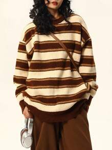 Damen Vintage Loose Gestreifter Strickpullover, Herbst/Winter